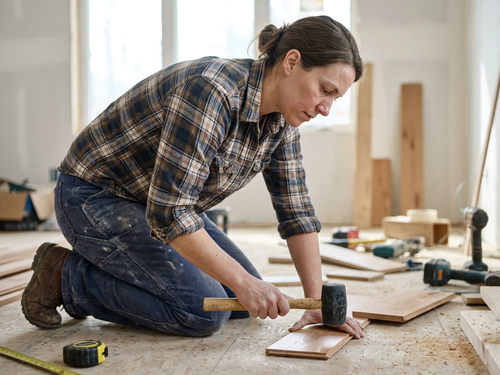 Carpenter in indigo double-knee carpenter pants kneeling to install floorboards