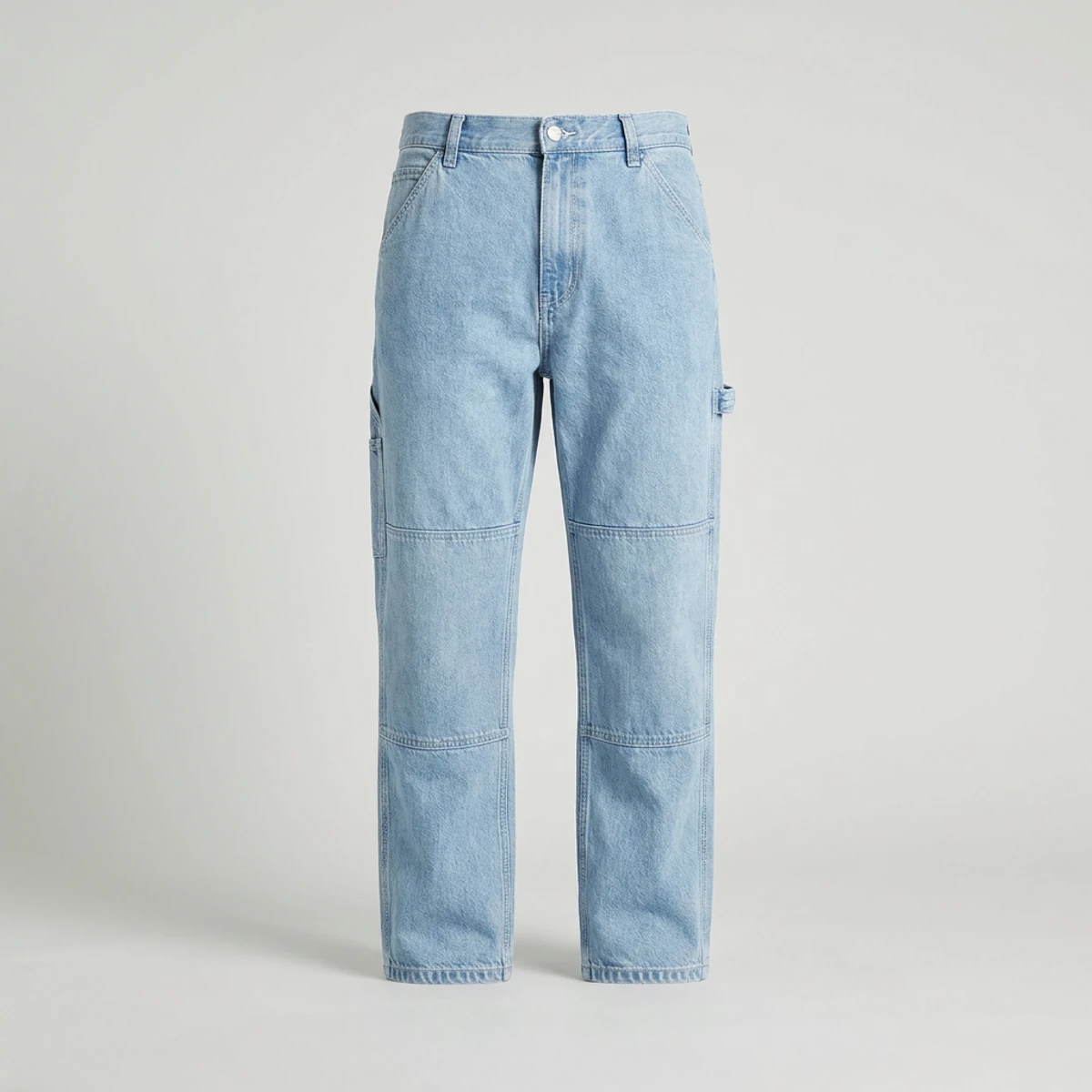 Light wash denim carpenter pants with hammer loop and single knee
