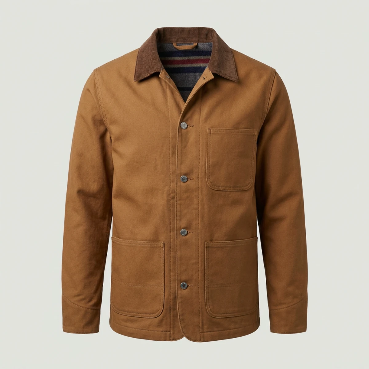 Brown duck canvas chore coat with corduroy collar and blanket lining