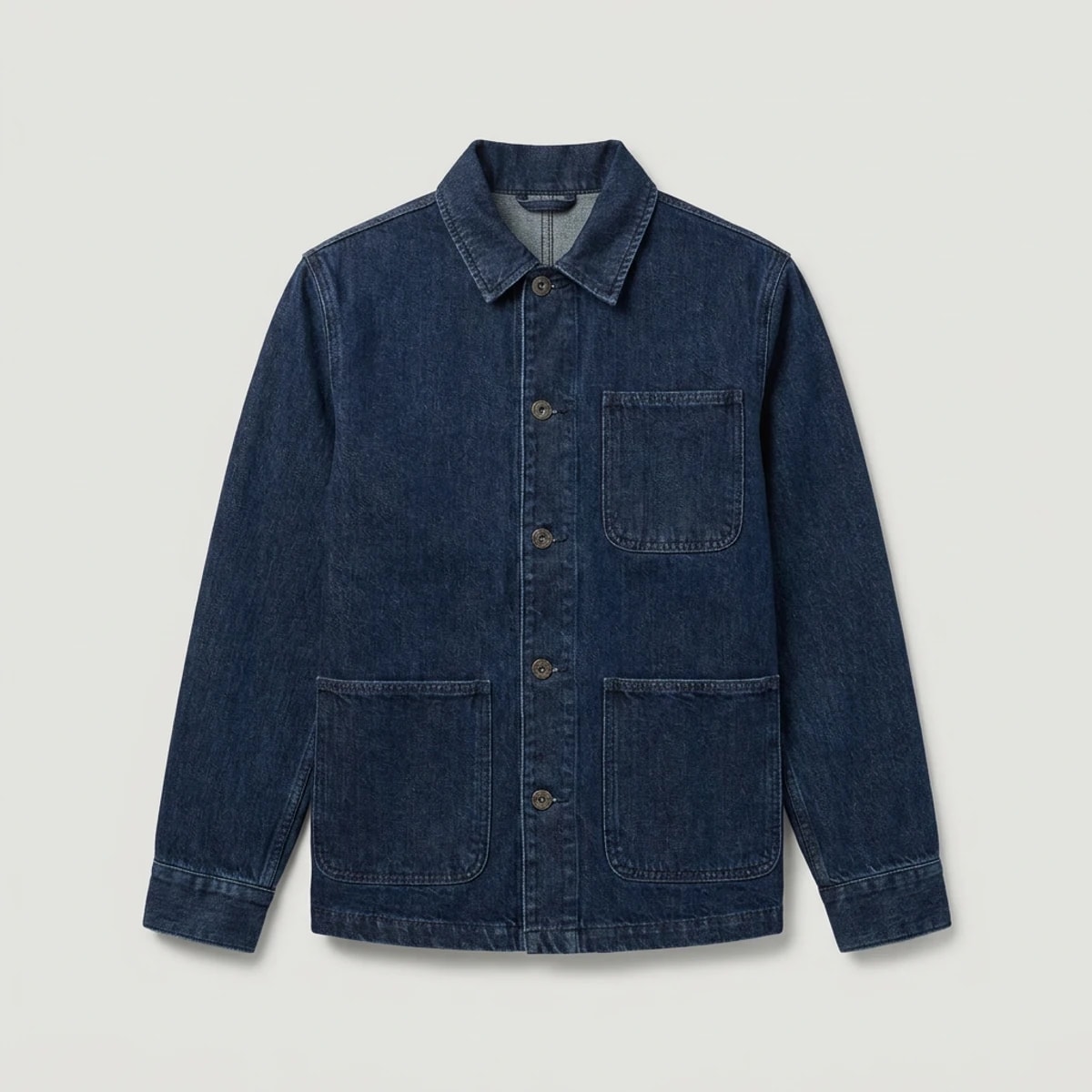 Rinse indigo denim chore coat with point collar and four patch pockets
