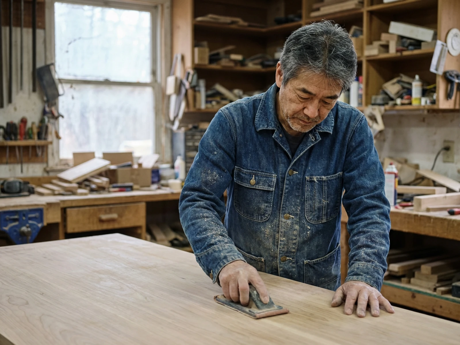 Woodworker in an indigo denim chore coat sanding a tabletop in a workshop
