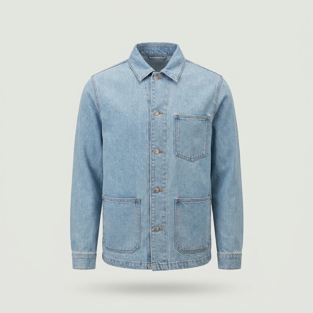 Light wash denim chore coat with contrast stitching and chest pocket