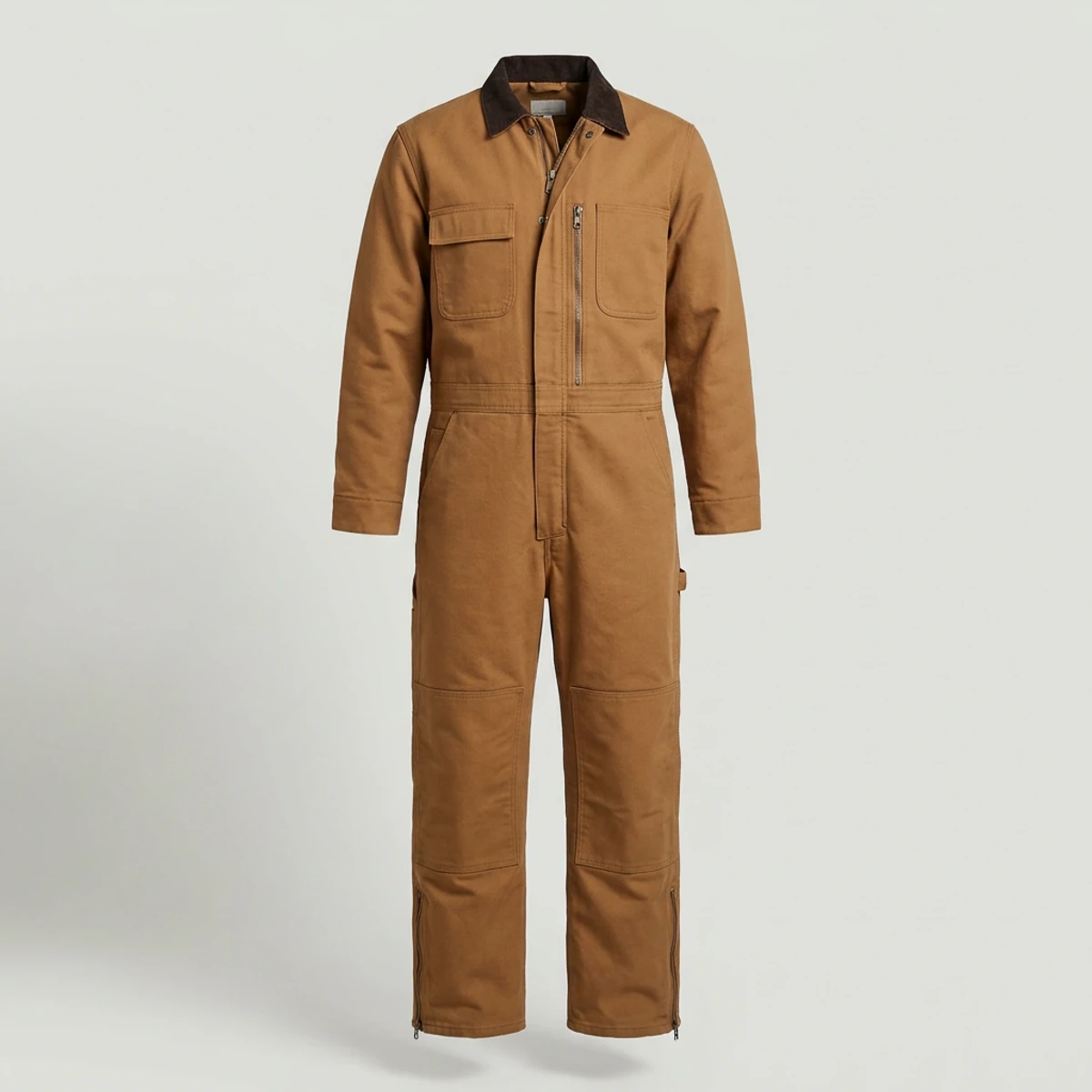 Brown duck canvas coverall with double knees and full leg zippers