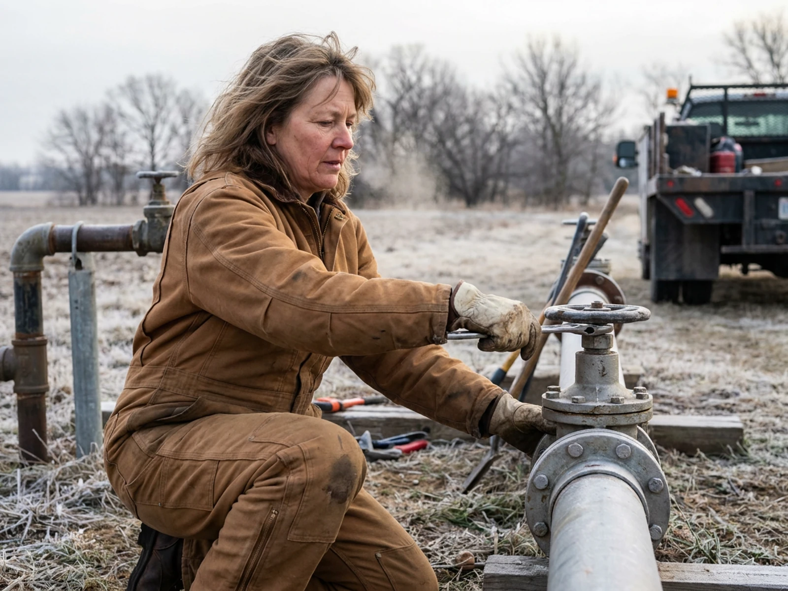 Utility field technician in a brown canvas coverall working at a rural pump station
