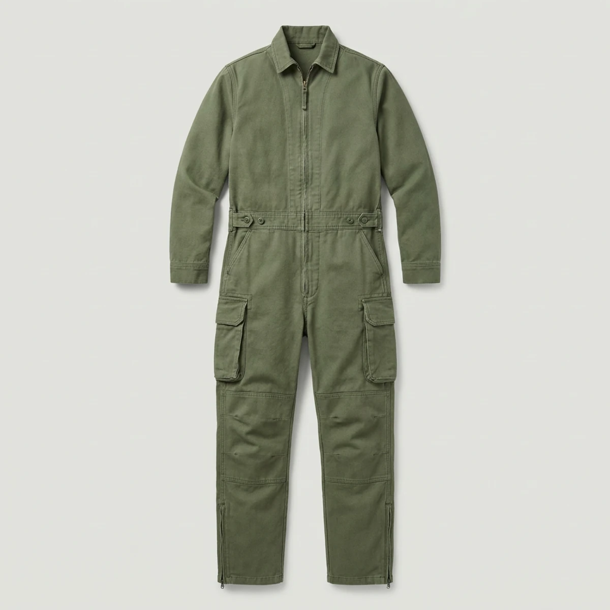 Moss green canvas coverall with bellows pockets and reinforced knees