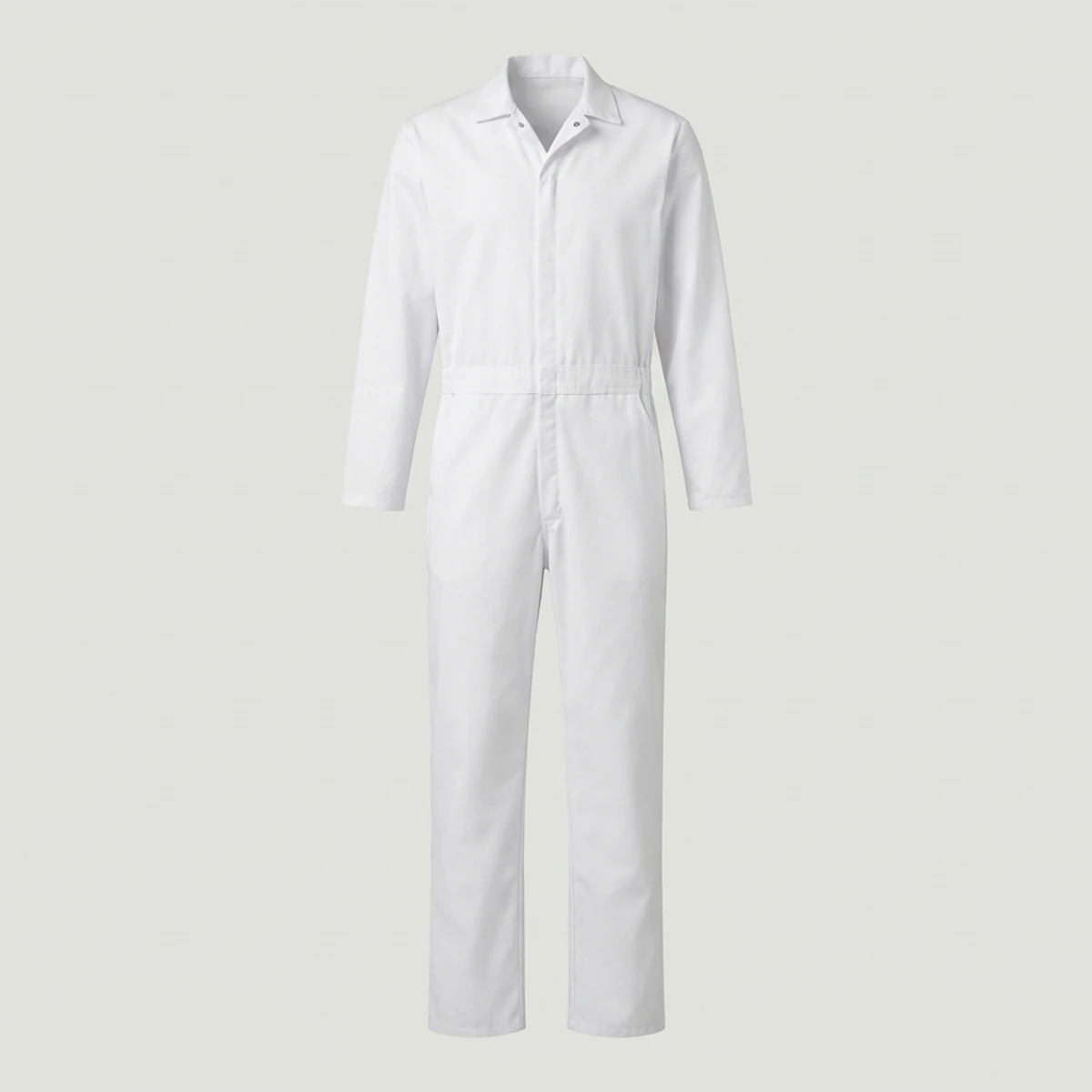 White snap-front coverall without external chest pockets for food plants