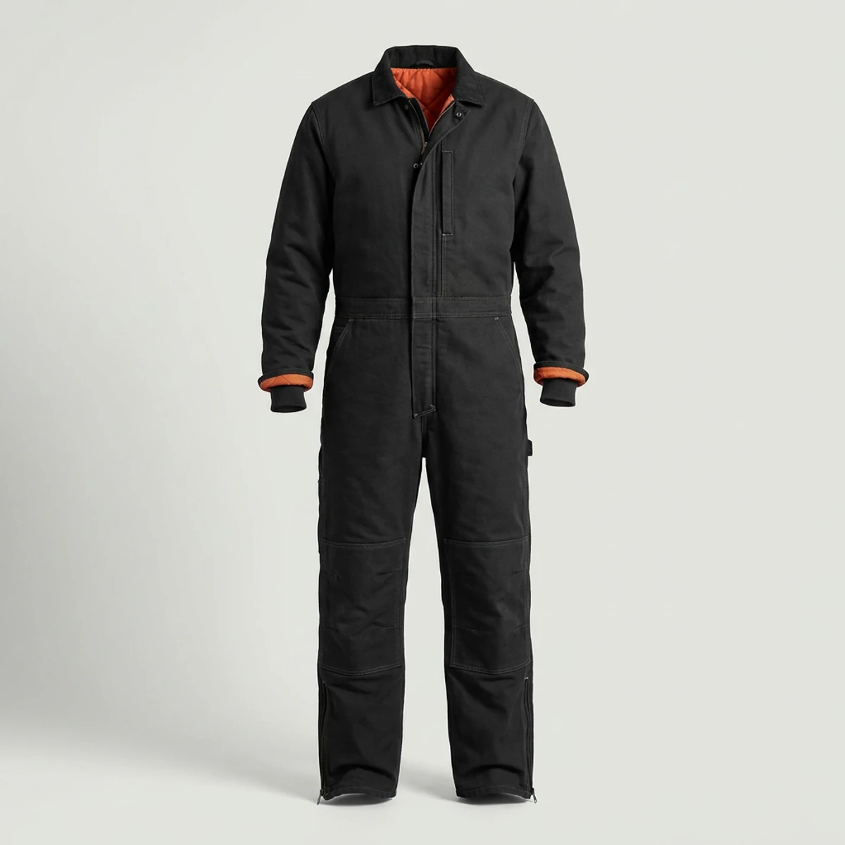 Black insulated canvas coverall with quilted lining and storm flap