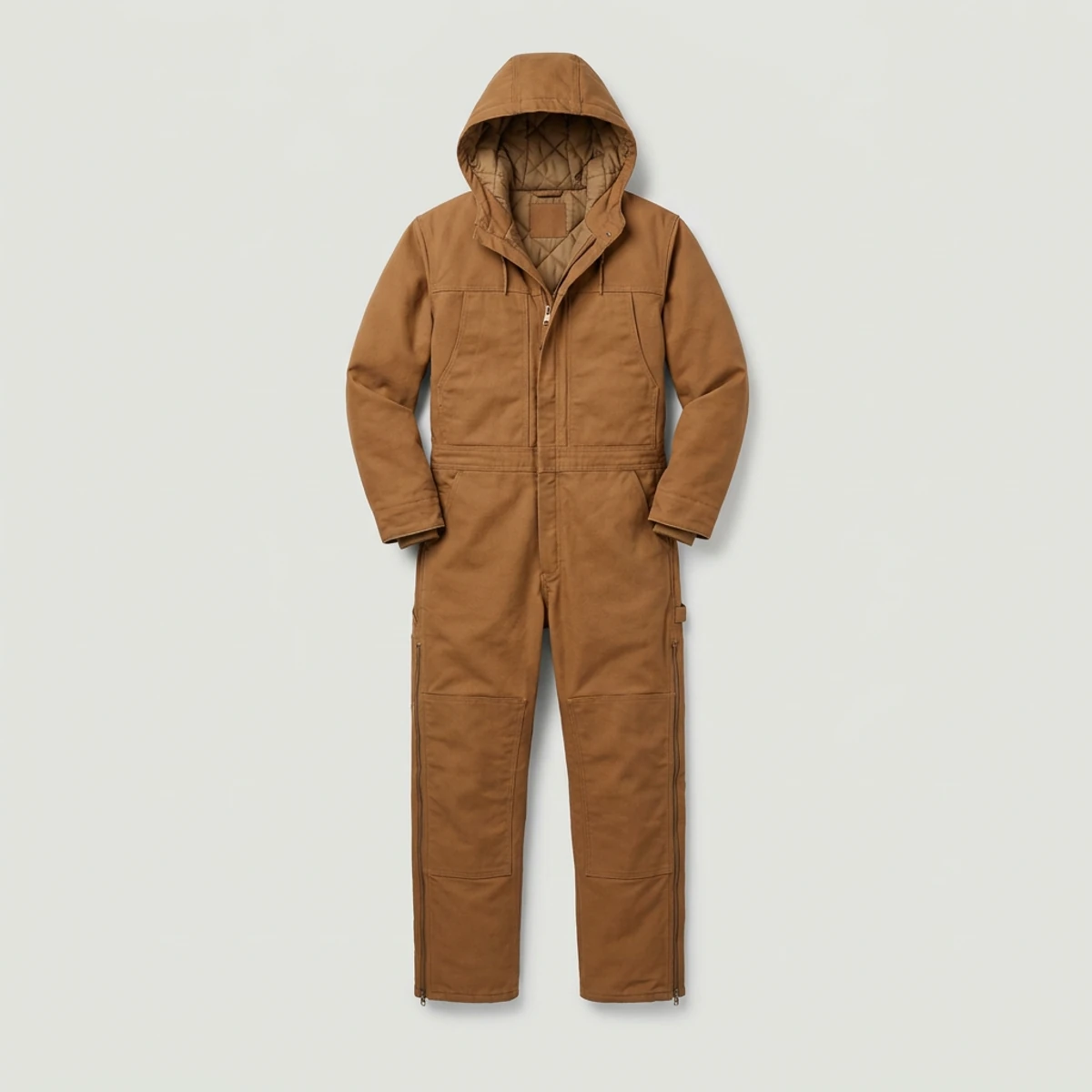 Brown insulated hooded coverall with attached hood and chest pockets