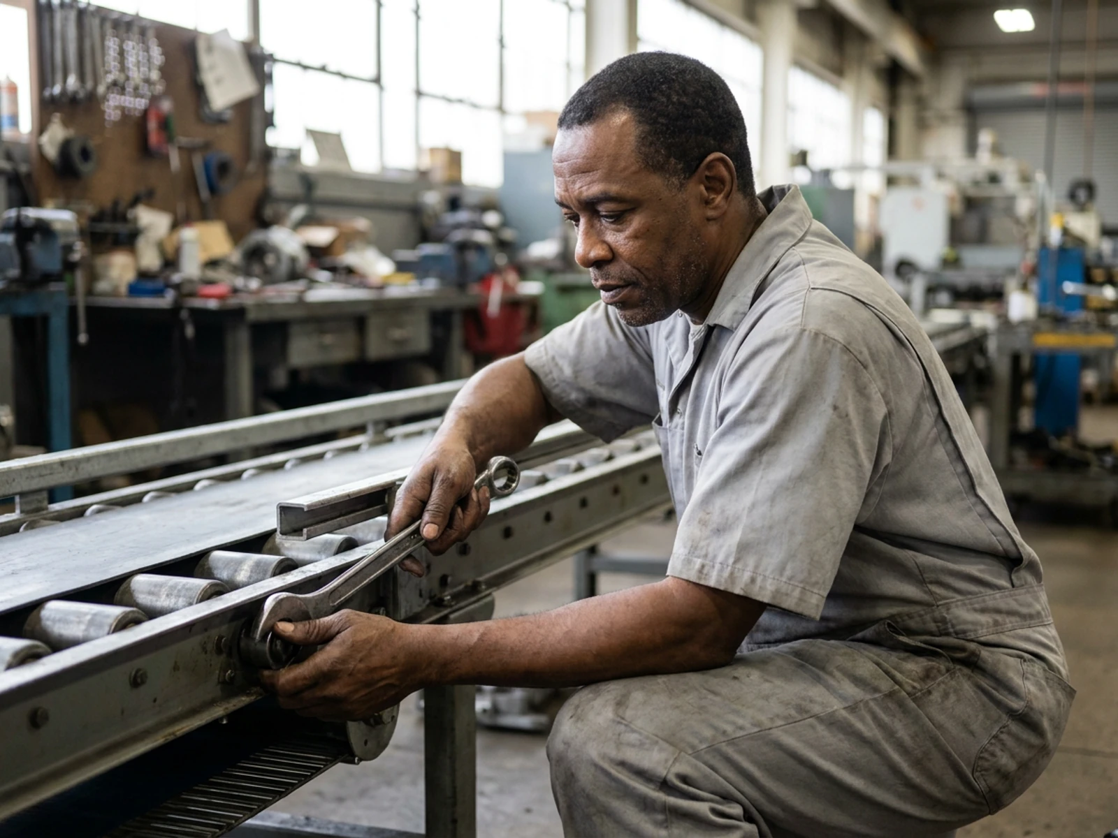 Plant mechanic in a grey short-sleeve coverall servicing a conveyor in a factory