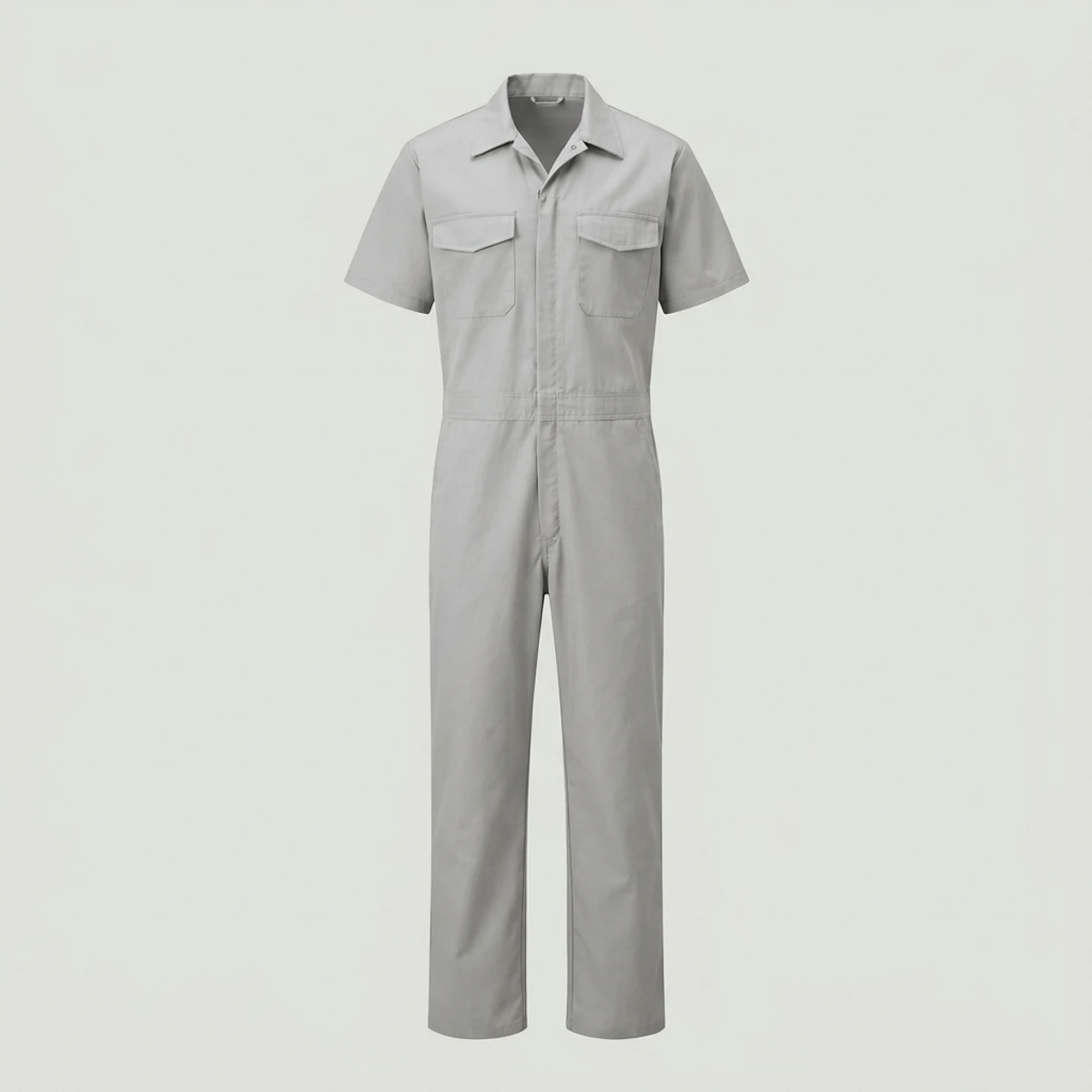 Grey short-sleeve coverall with vented back and front zipper