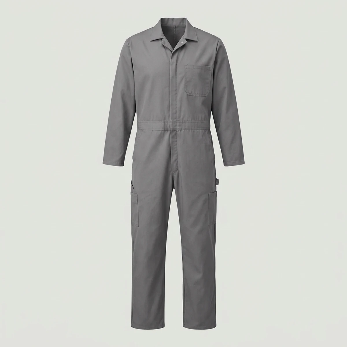 Grey twill coverall with concealed snap front and no exposed metal