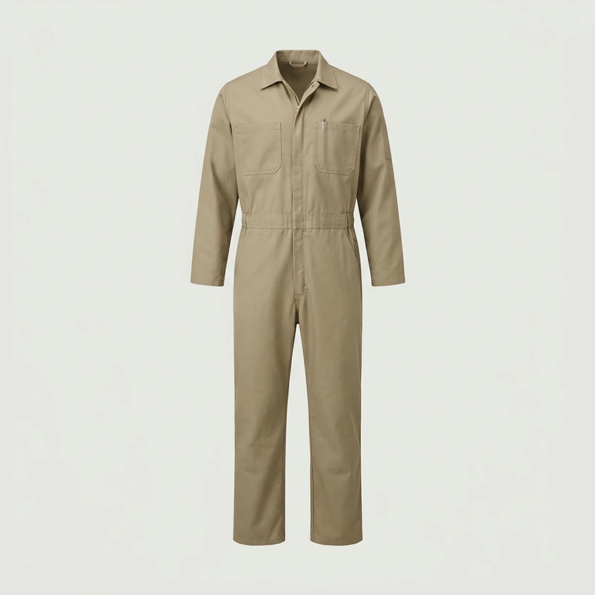 Khaki twill work coverall with chest pen pocket and side openings