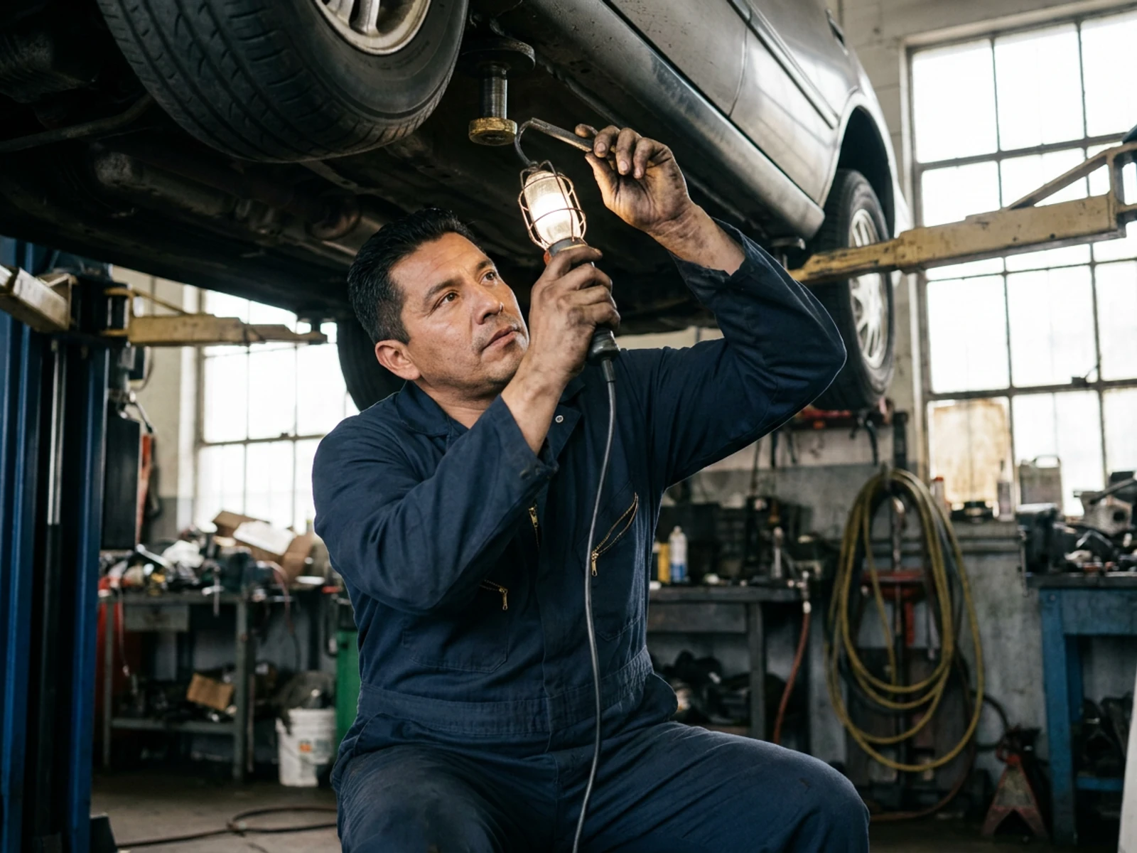 Auto technician in a navy twill work coverall checking under a raised car