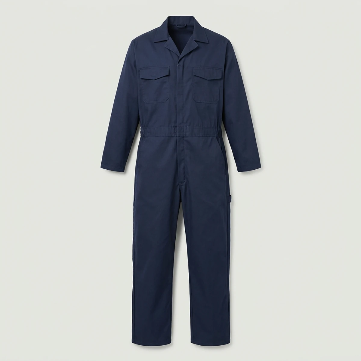 Navy poly-cotton twill coverall with two-way zipper and action back