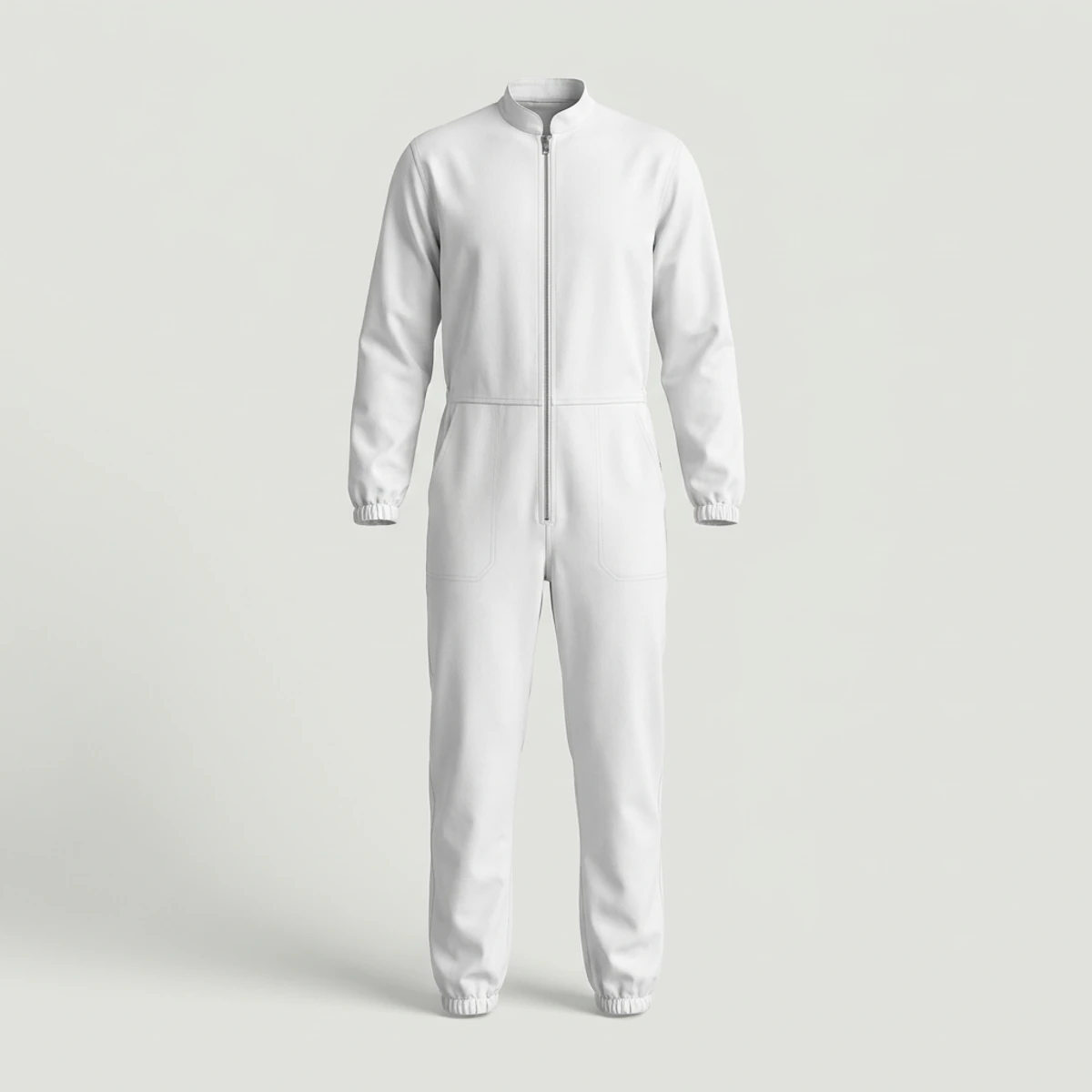 White coverall with elastic cuffs and minimal pockets for spray work