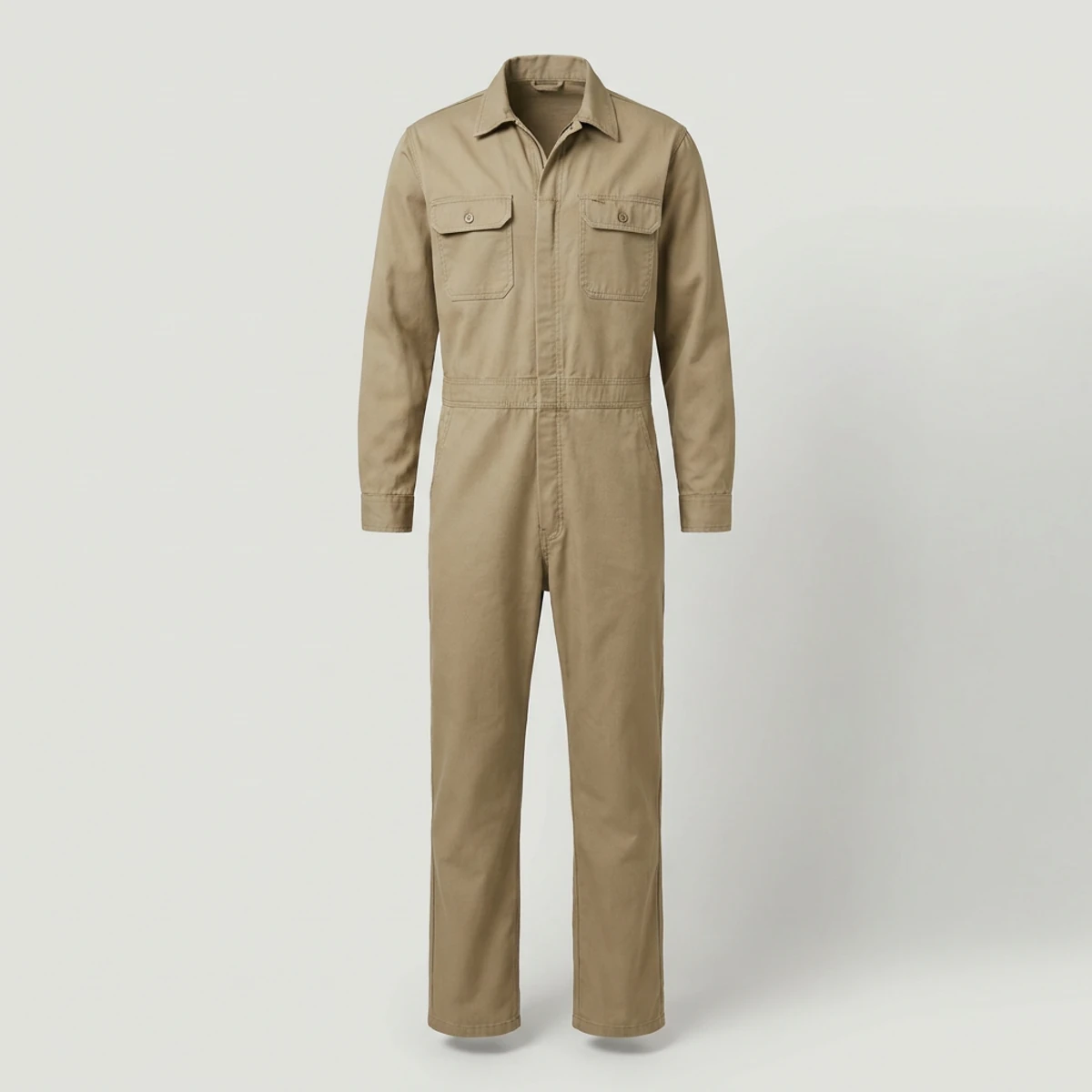 Khaki flame-resistant coverall with chest pockets and action back