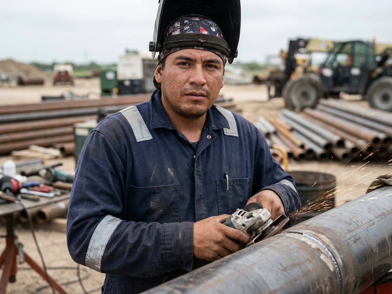 Pipeline welder in a navy flame-resistant coverall preparing a pipe joint
