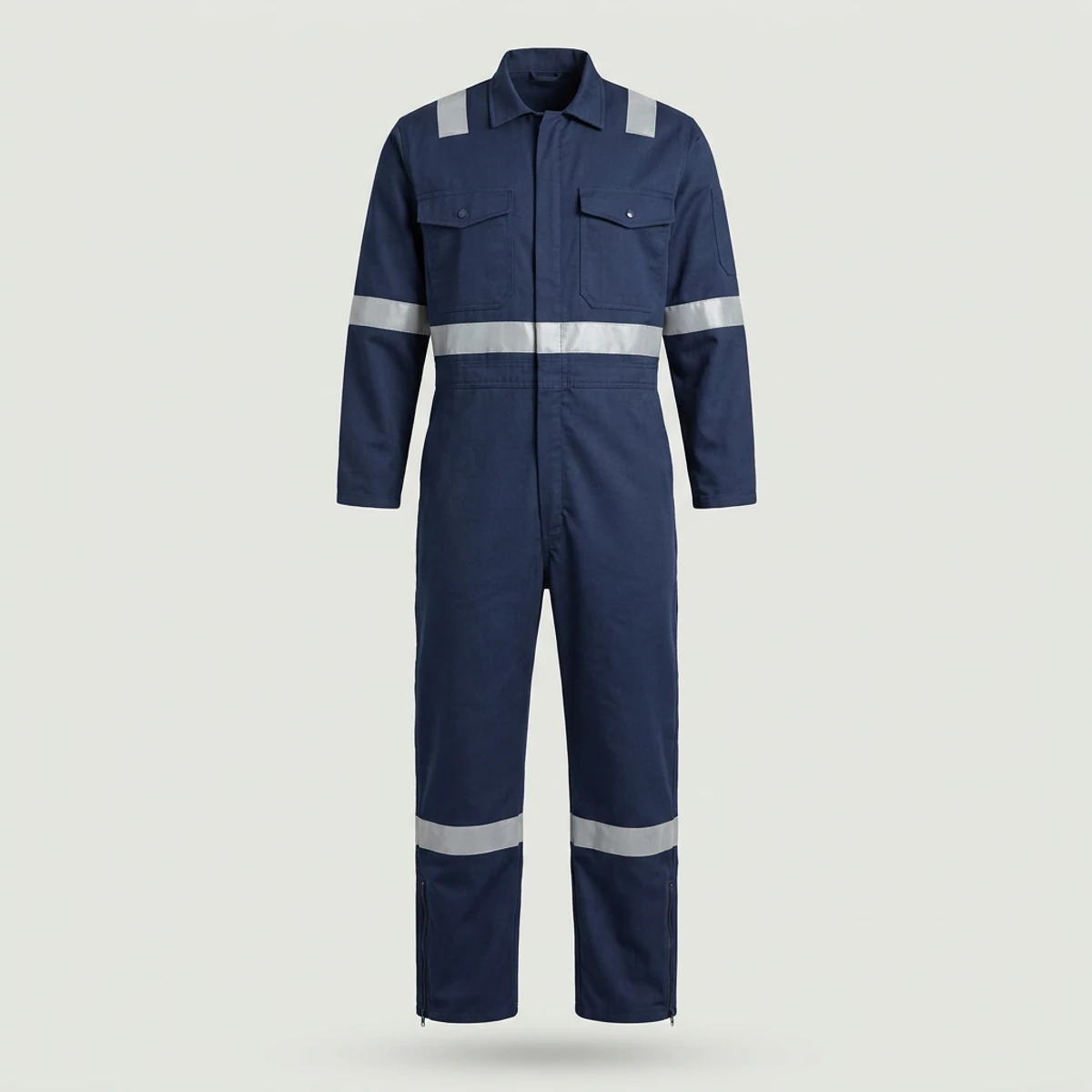 Navy flame-resistant coverall with two-way zipper and reflective tape