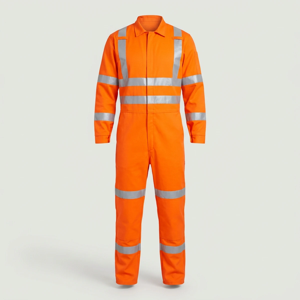 Fluorescent orange flame-resistant coverall with silver reflective bands