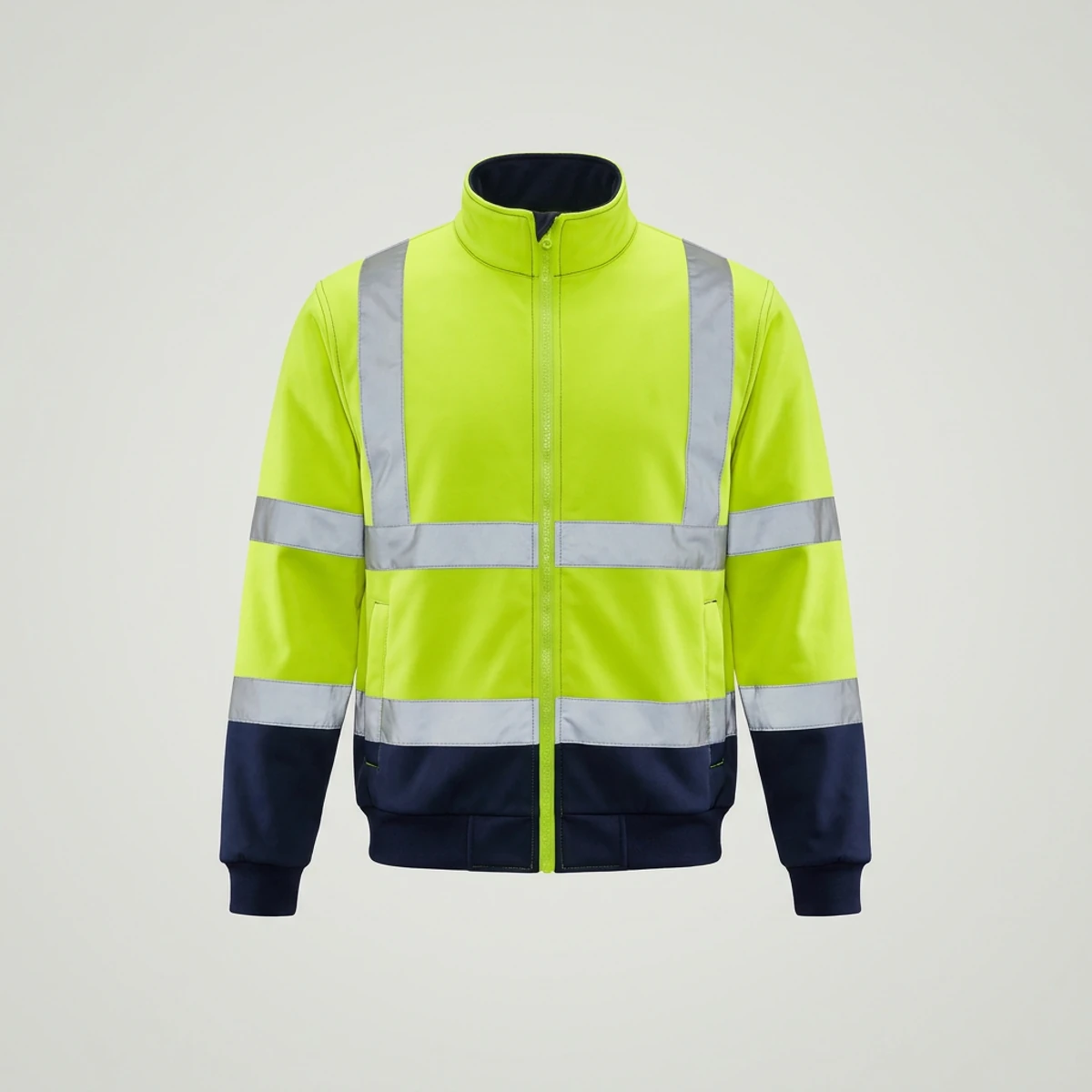 Yellow-green hi-vis flame-resistant jacket with navy trim and reflective bands
