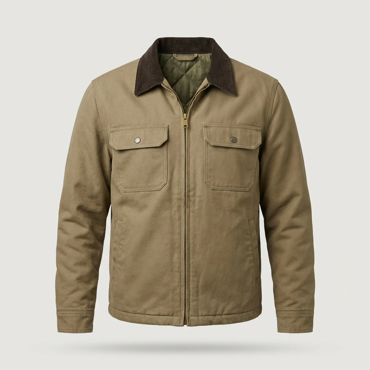 Khaki flame-resistant duck work jacket with corduroy collar