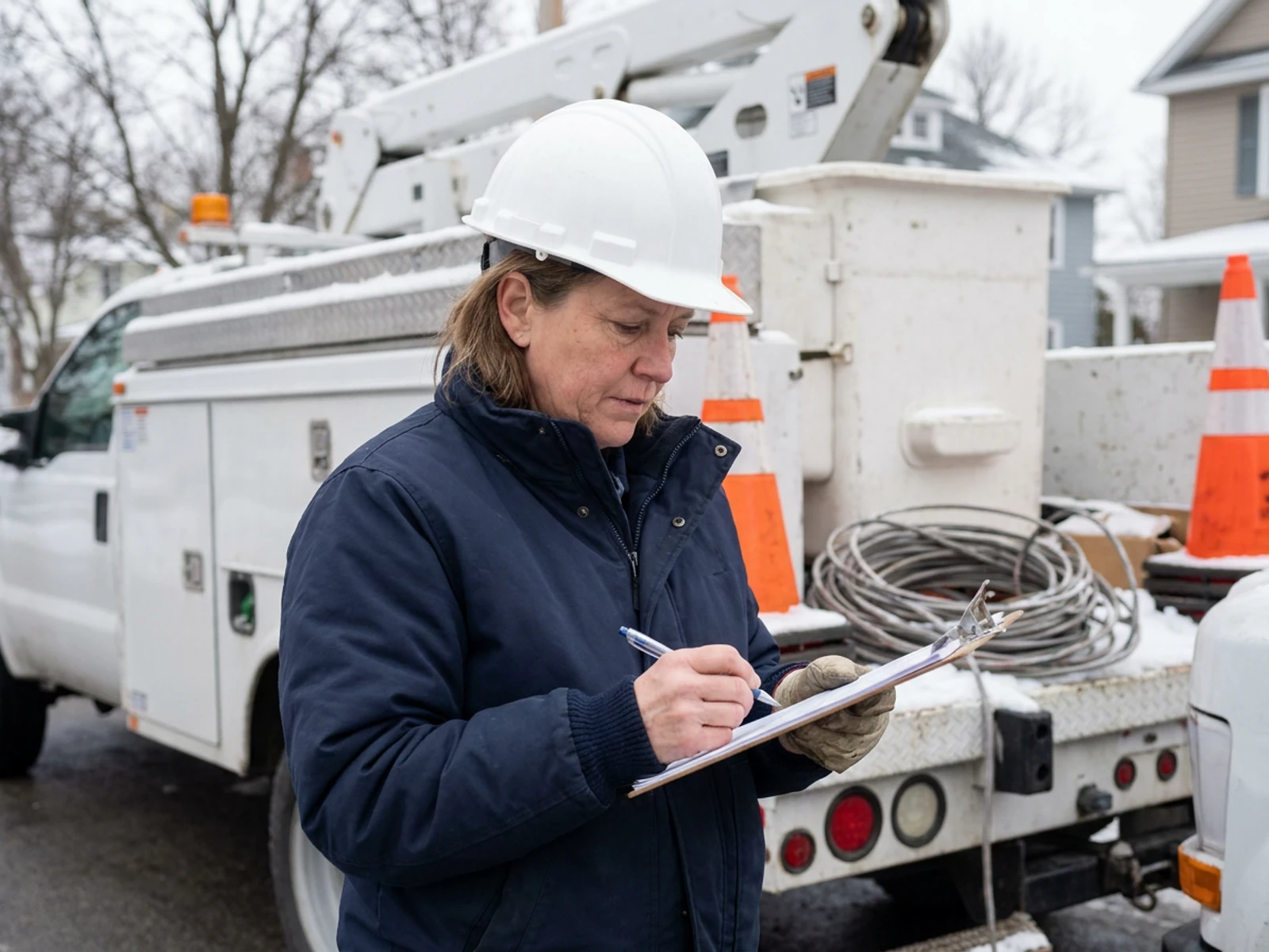 Utility lineworker in a navy flame-resistant jacket reviewing plans beside a bucket truck