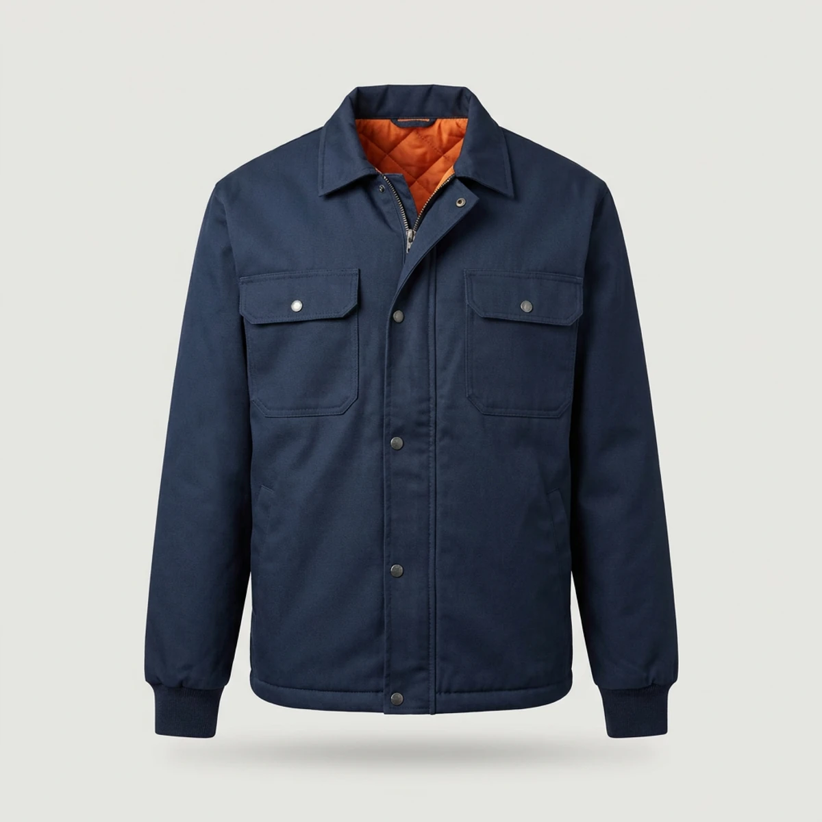 Navy flame-resistant work jacket with quilted lining and zip front