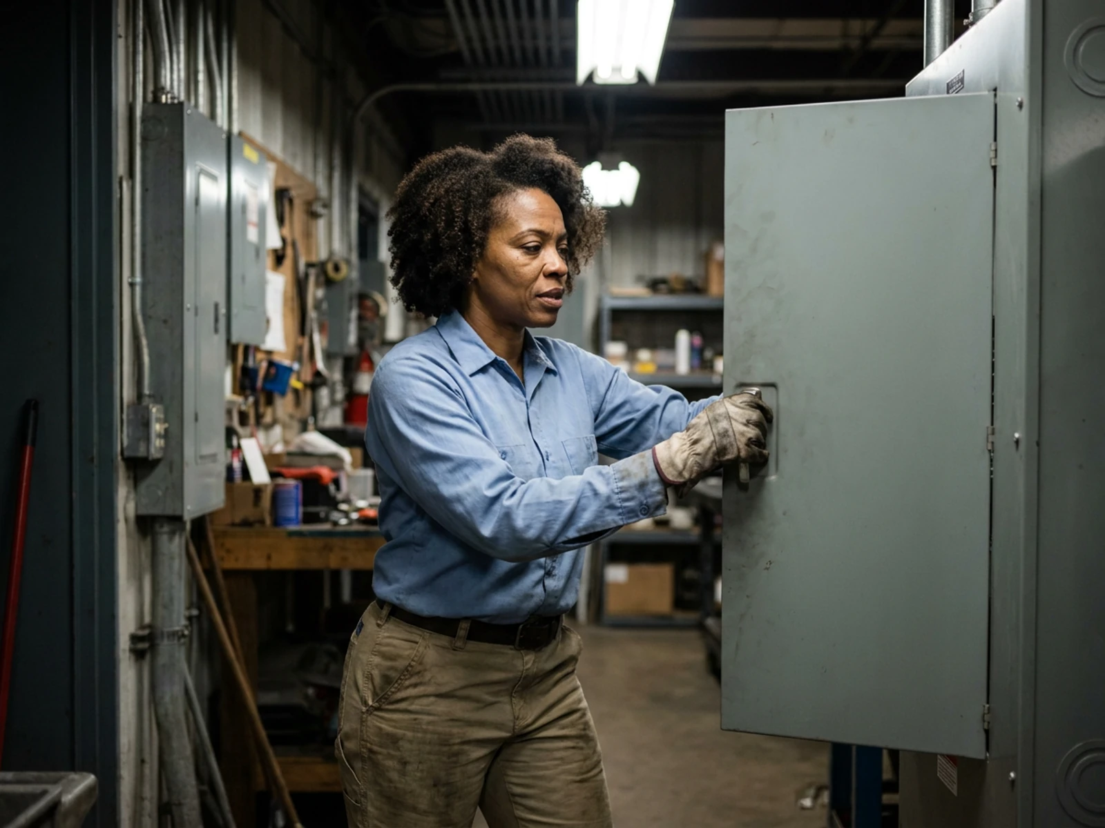 Electrician in khaki flame-resistant work pants opening an electrical panel