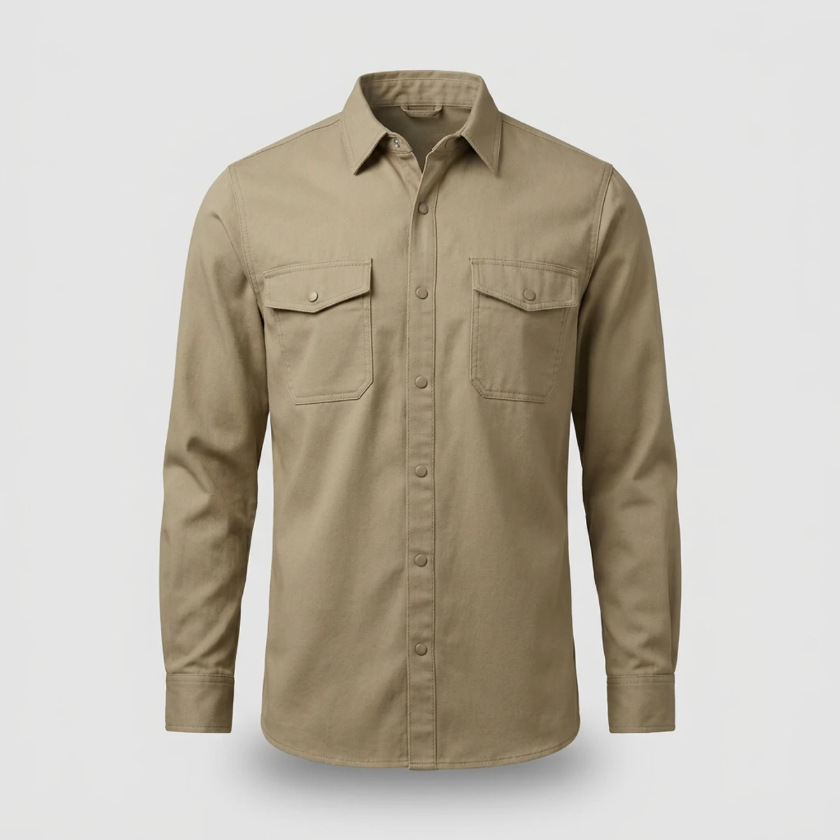 Khaki flame-resistant work shirt with snap front and two chest pockets