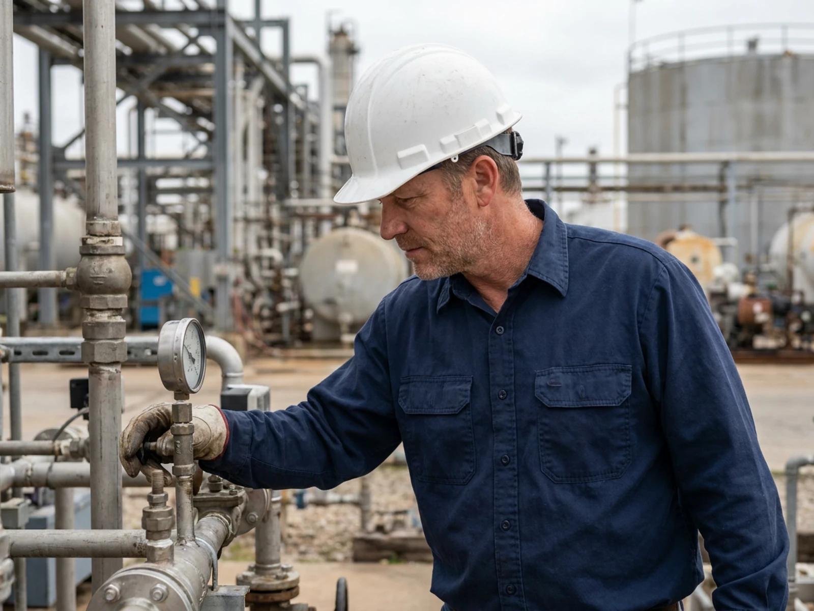 Refinery operator in a navy flame-resistant work shirt checking a pressure gauge