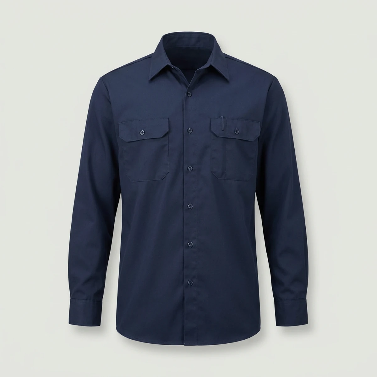 Navy flame-resistant button-front work shirt with flap chest pockets