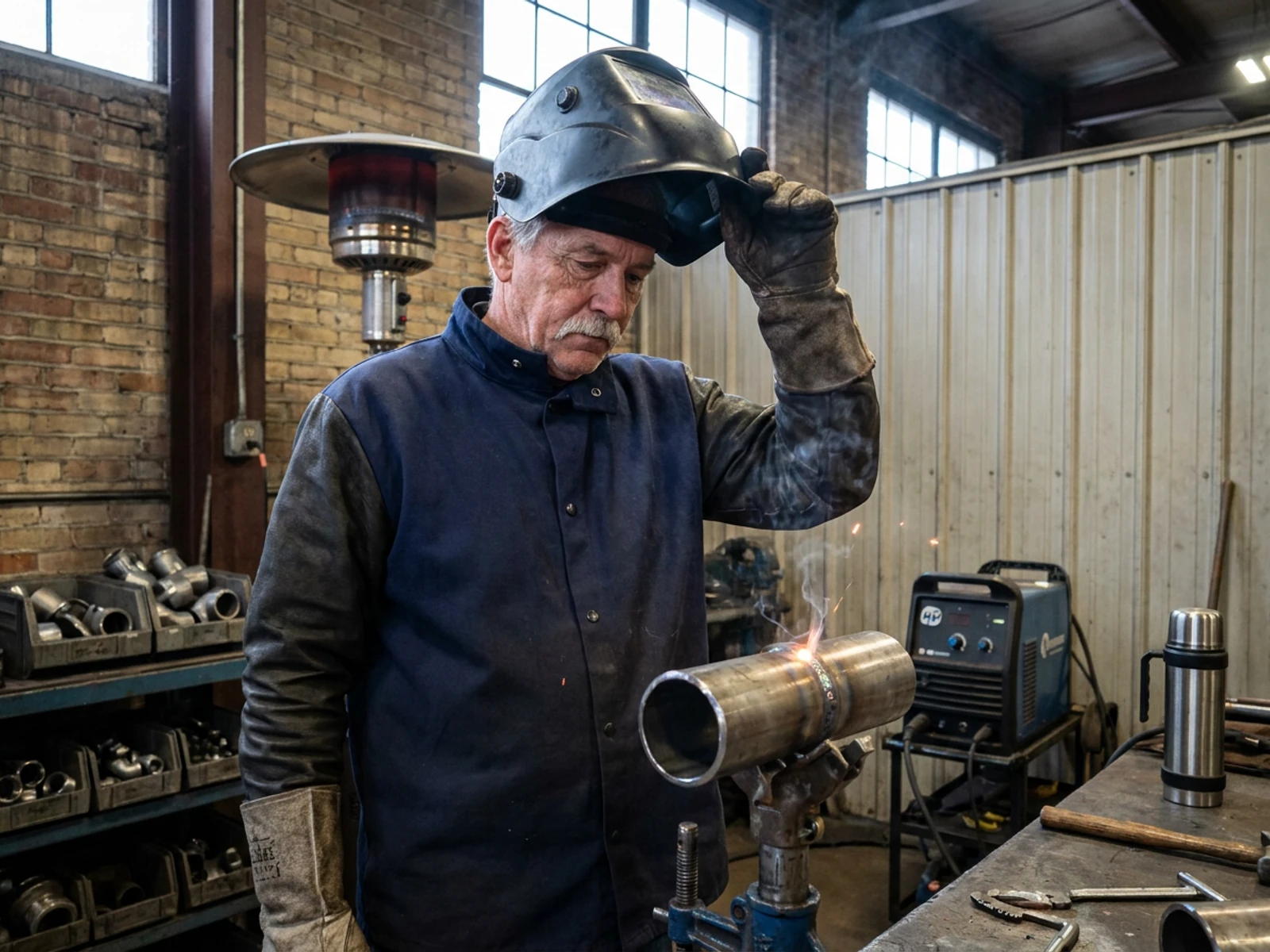 Pipe welder in a navy flame-resistant welding jacket with leather sleeves lifting his helmet to check a fresh weld on a pipe spool