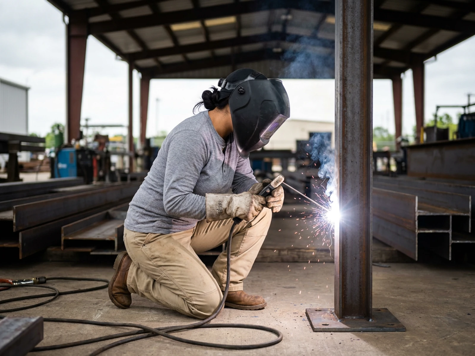 Welder in khaki flame-resistant work pants and a grey FR henley kneeling to weld a steel base plate, sparks at the arc