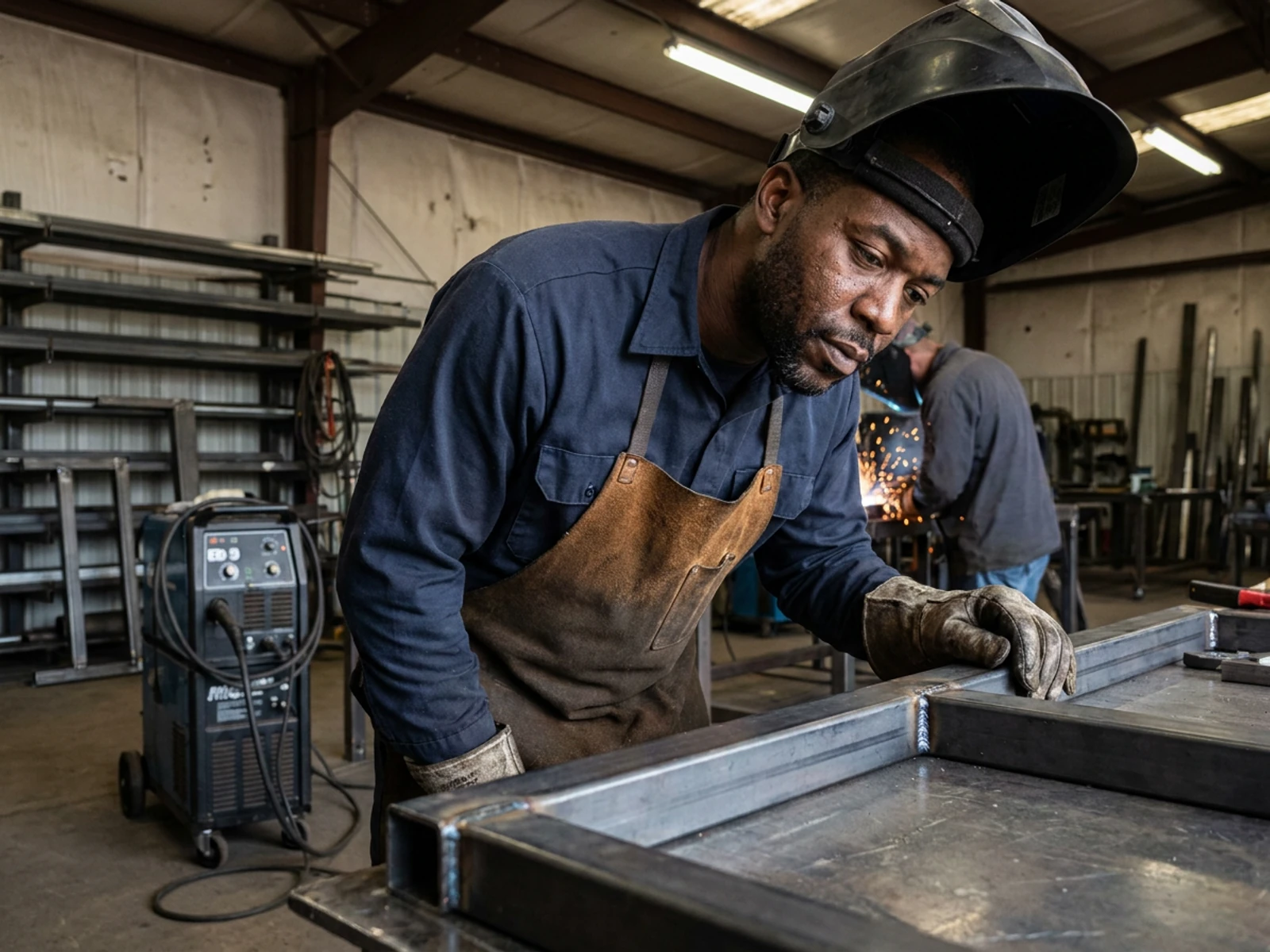 Welder in a navy flame-resistant work shirt and leather bib apron, helmet tipped up, inspecting a fresh weld on a steel frame