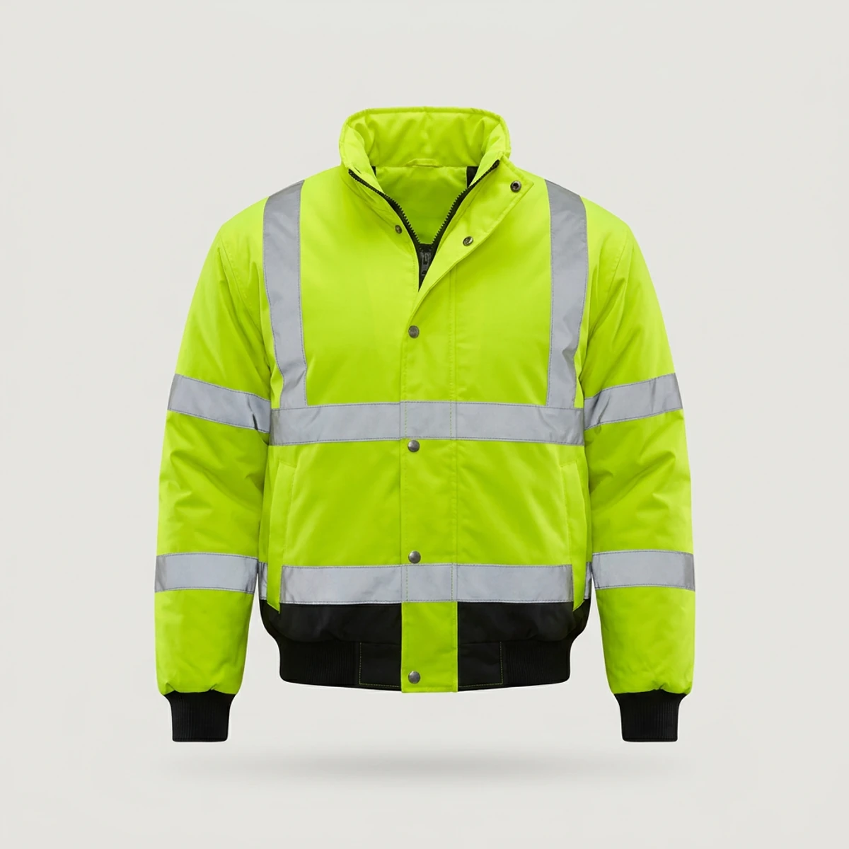 Fluorescent yellow-green hi vis bomber jacket with black trim and reflective tape