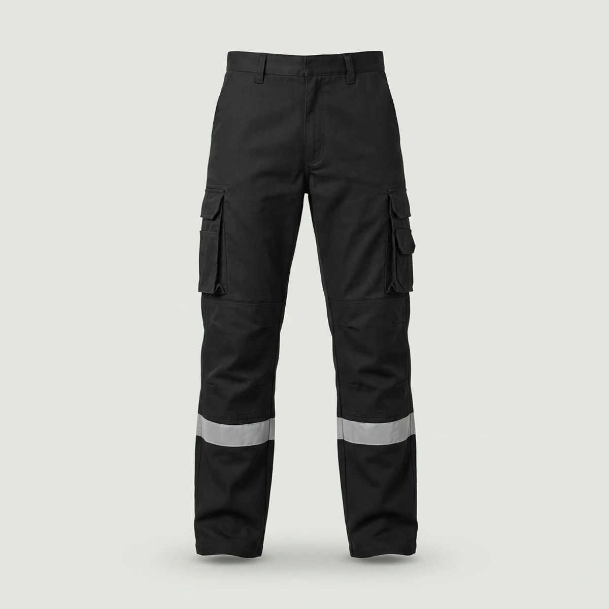Black cargo work pants with reflective leg bands and thigh pockets