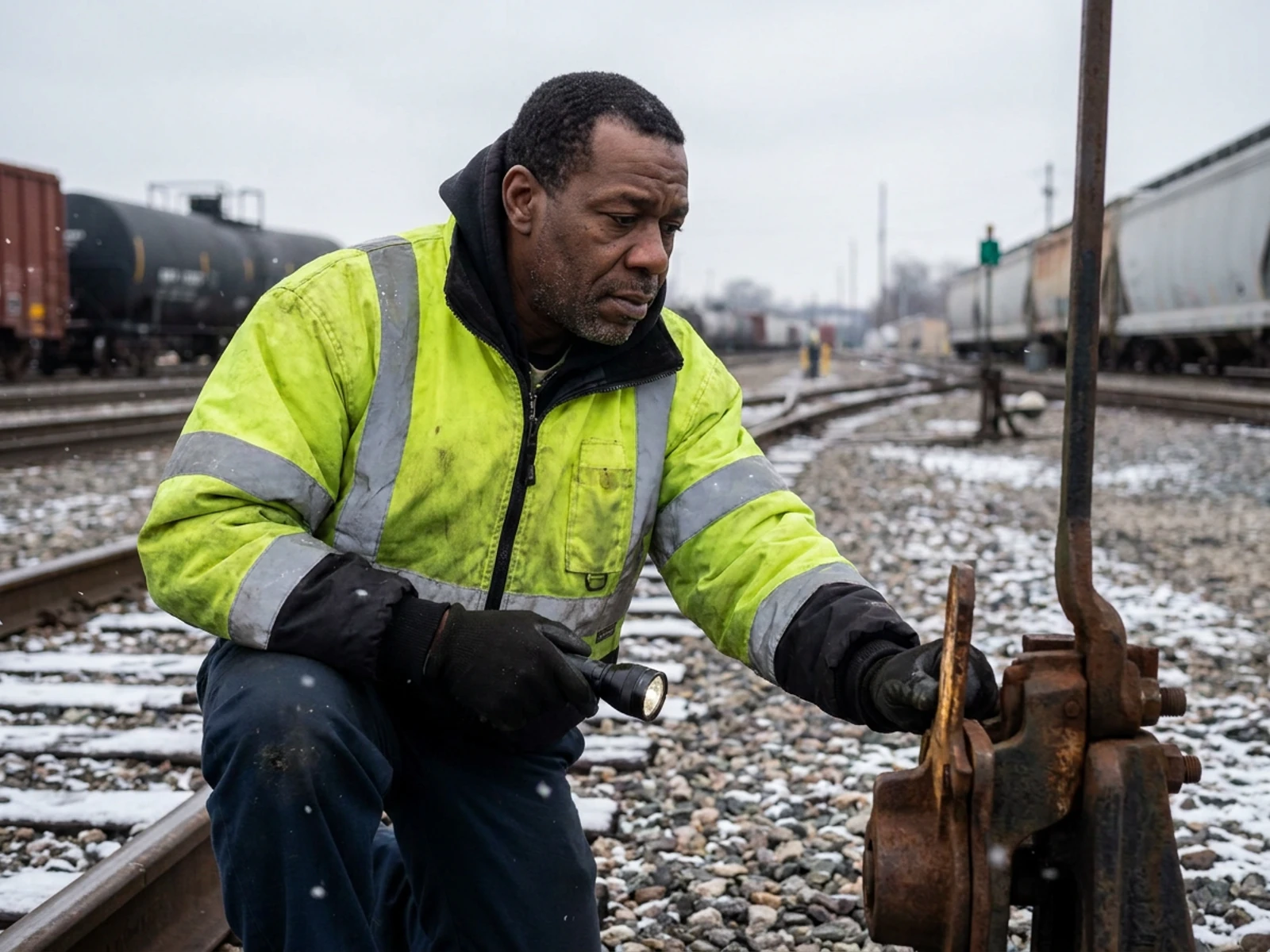 Rail yard worker in a yellow-green hi vis bomber jacket inspecting a rail switch