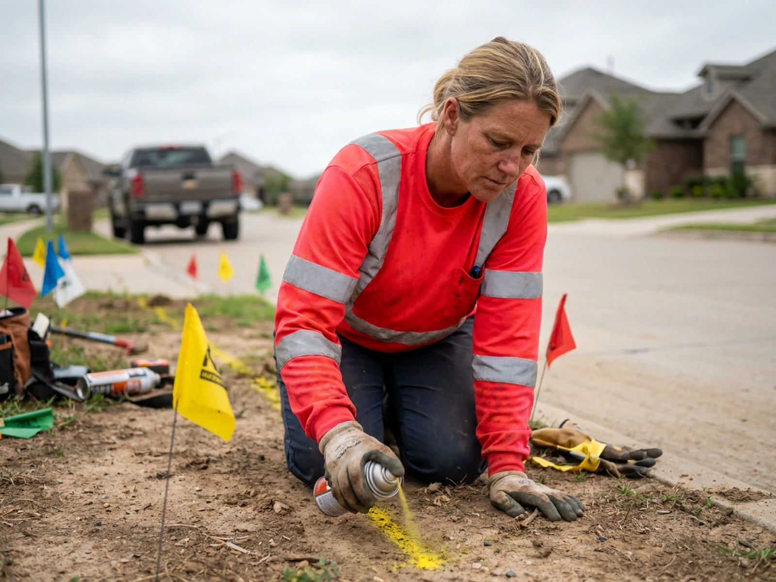 Utility worker in an orange long-sleeve hi vis shirt marking a pipe at dusk