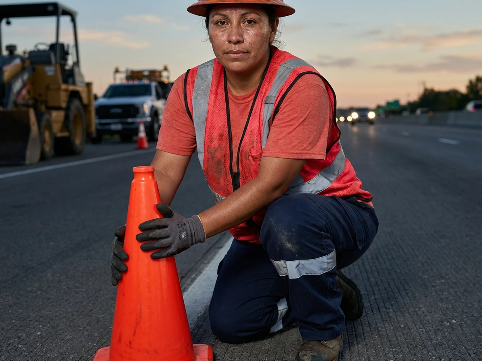 Highway crew member in navy reflective work pants placing cones on a closed lane