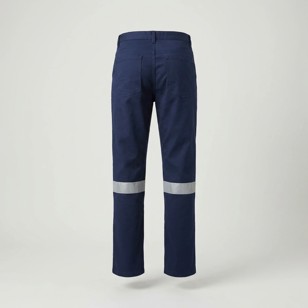 Navy work pants with two silver reflective bands around each lower leg