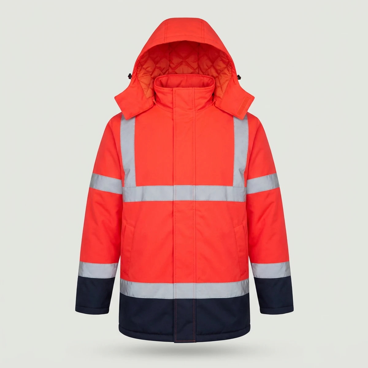 Fluorescent orange hi vis parka with detachable hood and quilted lining