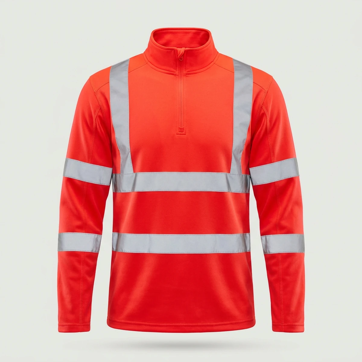 Fluorescent orange hi vis quarter-zip pullover with reflective sleeve bands