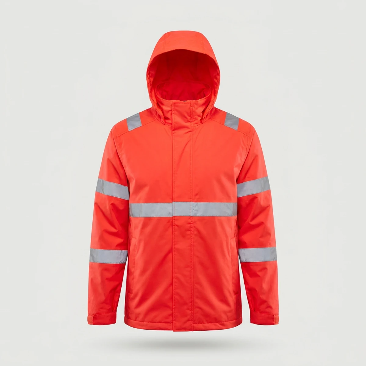 Fluorescent orange hi vis rain jacket with hood and sealed-look seams