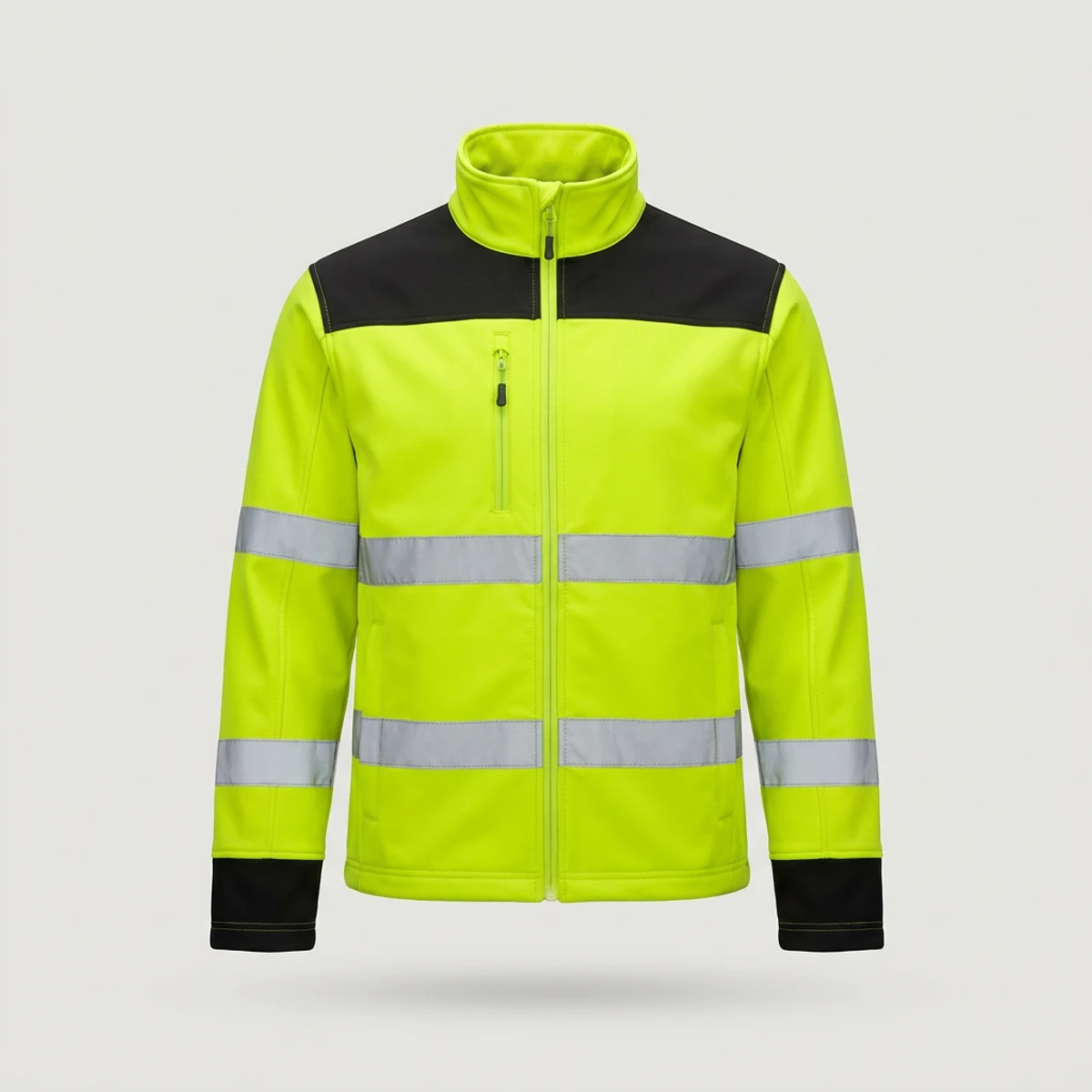 Yellow-green hi vis soft shell jacket with black shoulders and reflective bands