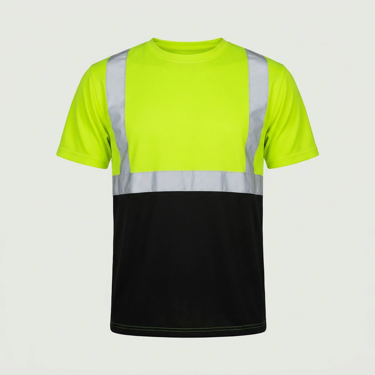 Yellow-green hi vis T-shirt with black lower panel and reflective stripes