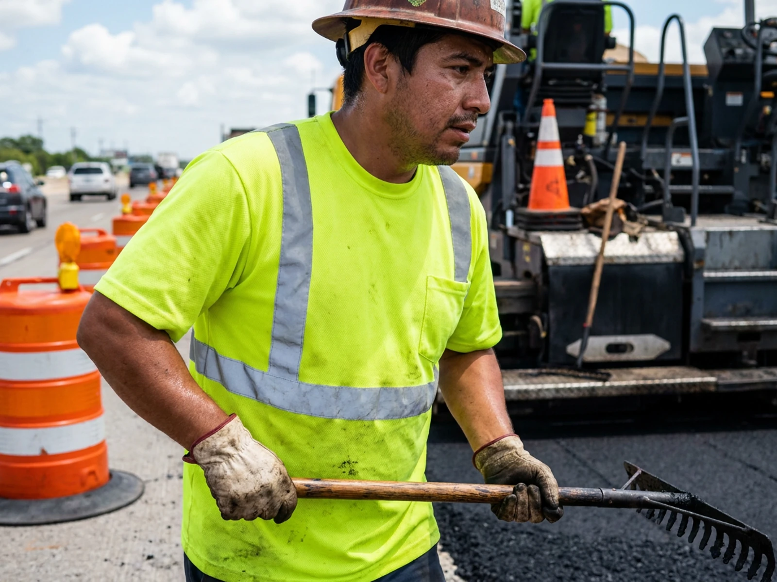 Road crew worker in a yellow-green hi vis T-shirt raking asphalt in a work zone