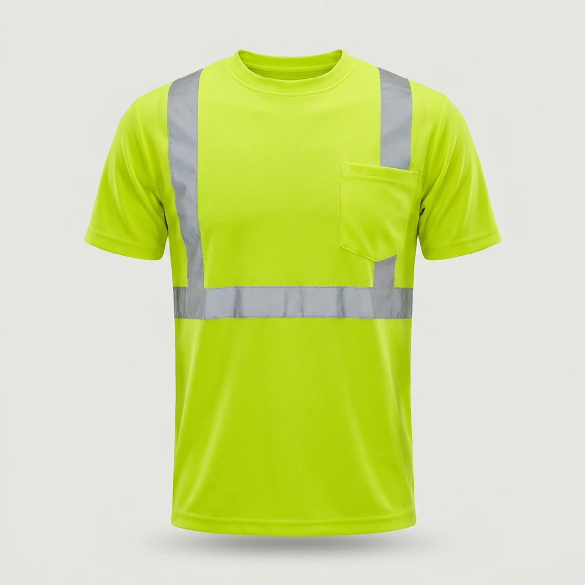 Fluorescent yellow-green hi vis pocket tee with segmented reflective tape
