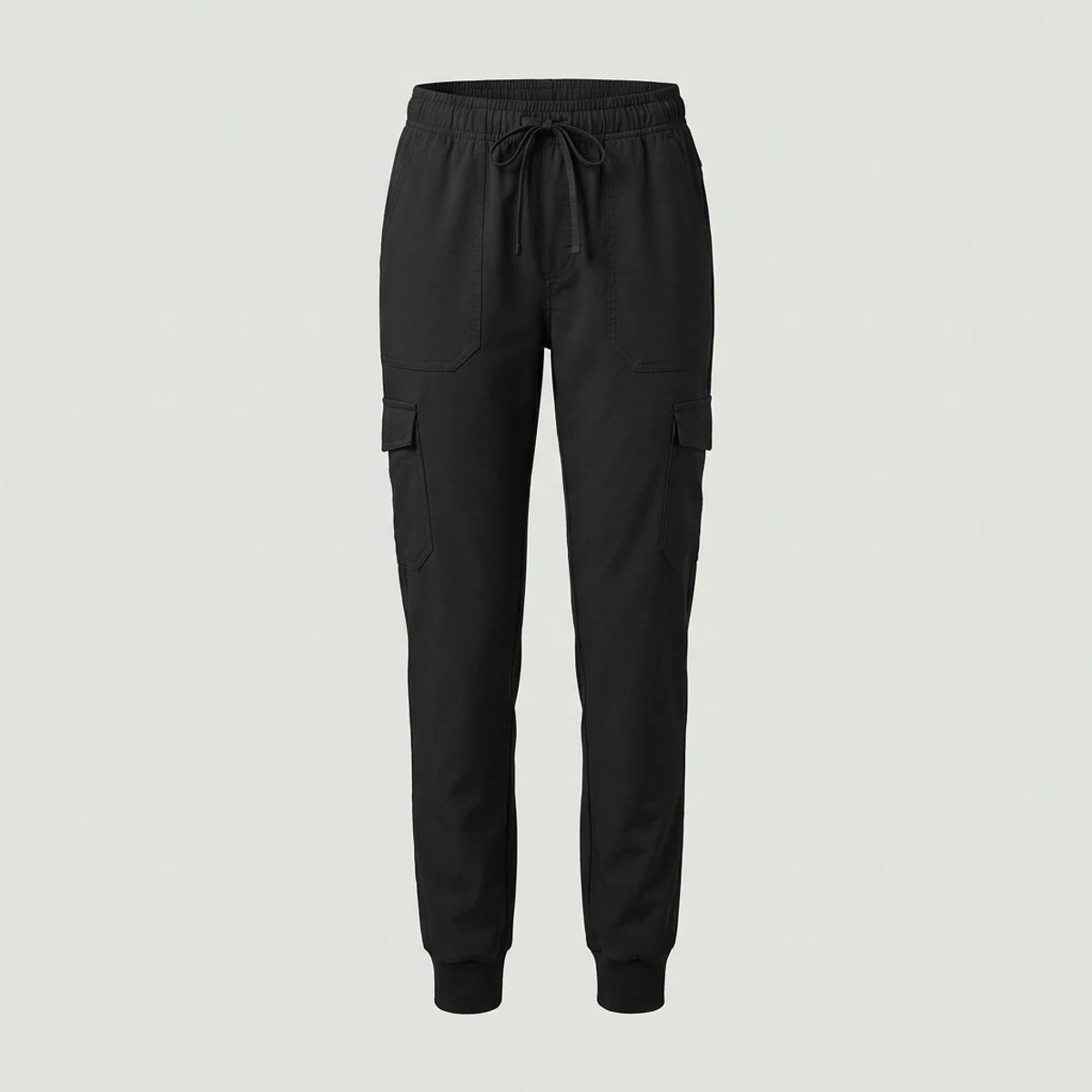 Black jogger scrub pants with ribbed knit cuffs and cargo pockets