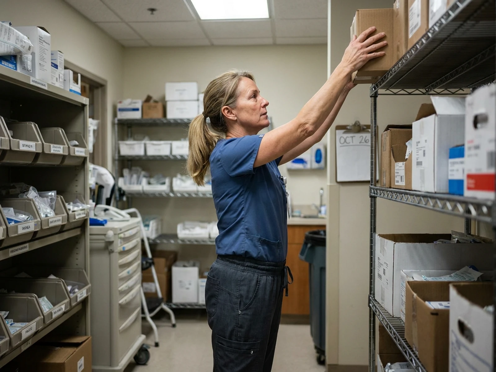 Healthcare worker in black jogger scrub pants restocking an emergency department supply room