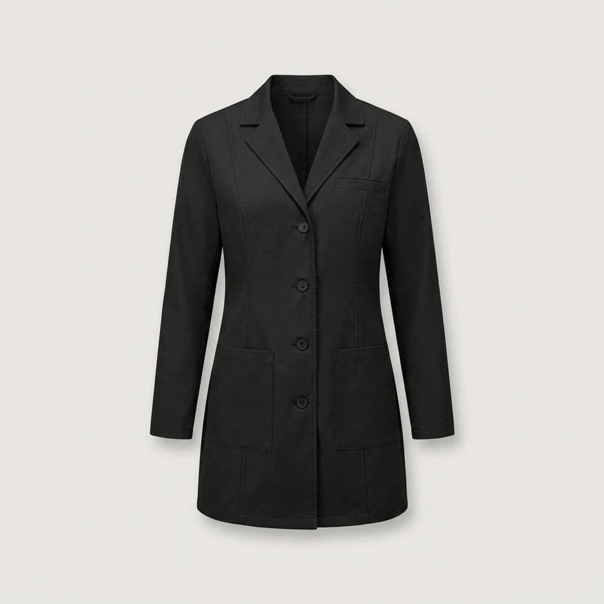 Black women's fitted lab coat with princess seams and mid-thigh length
